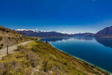 Naklejka na ściany i meble Panoramic photos of Lake Hawea and mountains, South Island, New Zealand