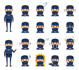 Set of ninja emoticons showing various facial expressions. Happy, sad, angry, dazed, in love, surprised, sleepy and other emotions. Flat design vector illustration © paper_owl