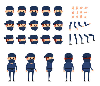 Ninja In Dark Suit Creation Set. Various Gestures, Emotions, Diverse Poses, Views. Create Your Own Pose, Animation. Flat Style Vector Illustration