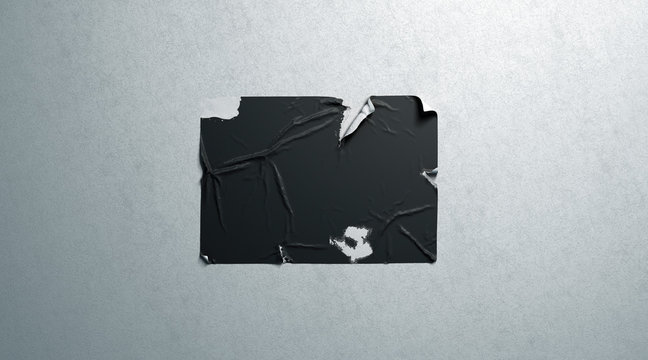 Blank black wheatpaste adhesive torn poster mockup white textured wall, 3d rendering. Empty horizontal wall canvas mock up. Clear raggy signage for advertising template.