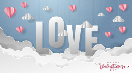 origami paper art background with red  heart balloons and fluffy clouds. Valentine's day, wedding invitation, banner