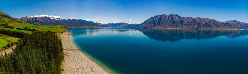 Panoramic photos of Lake Hawea and mountains, South Island, New Zealand