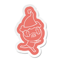 cartoon  sticker of a bearded man crying wearing santa hat