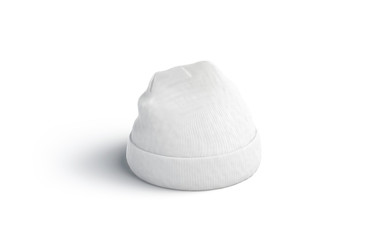 Blank white beanie mock up, isolated, side view, 3d rendering. Empty sport hat mockup. Clear knitted accessory for winter weather. Protect casual clothing template.