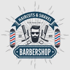 Barbershop Logo with barber pole in vintage style. Vector template