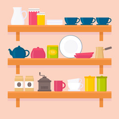 Shelves with tea and coffee accesoires vector flat illustration