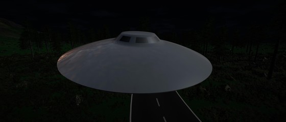 Extremely detailed and realistic high resolution 3d illustration of an Alien UFO Flying Saucer at night