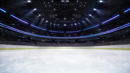 empty ice rink arena inside view illuminated by spotlights, hockey and skating stadium indoor 3D render illustration background, my own design