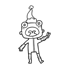 line drawing of a weird alien waving wearing santa hat