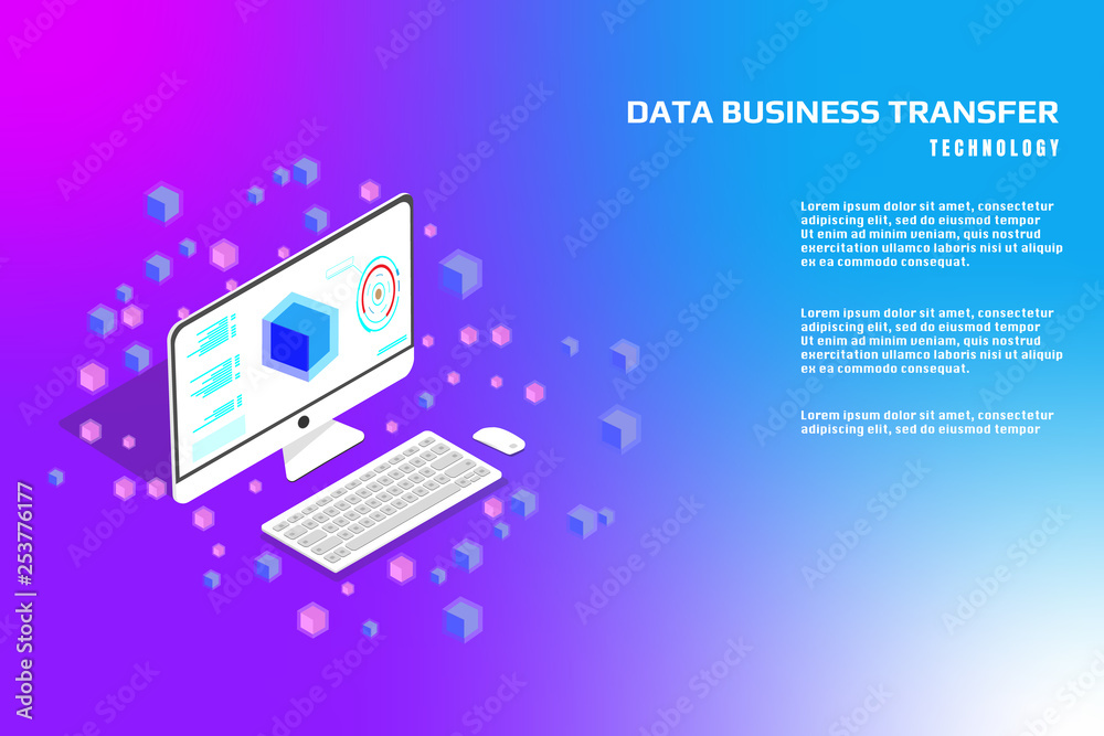 Aufkleber Technology futuristic desktop data security protection transfer. Abstract sci fi isometric elements design for UI business app