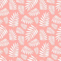 Seamless tropical pattern with white palm leaves on the pink background. Vector summer exotic illustration of a flamingo for kids, textiles, nursery, birthday, shower, paper, clothes, fabric, gift