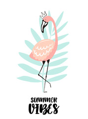 Vector tropical illustration of a cute flamingo in the crown with blue palm leaf. Hand-drawn poster for kids, holidays, clothes, decor, textile, fabric, card, baby. Summer vibes