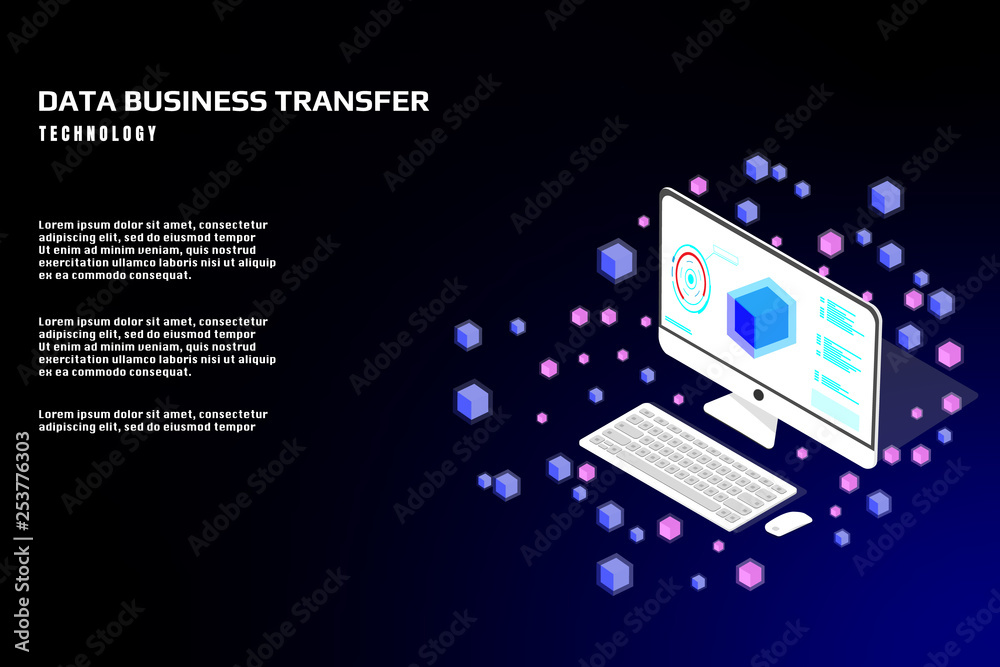 Poster Technology futuristic desktop data security protection transfer. Abstract sci fi isometric elements design for UI business app