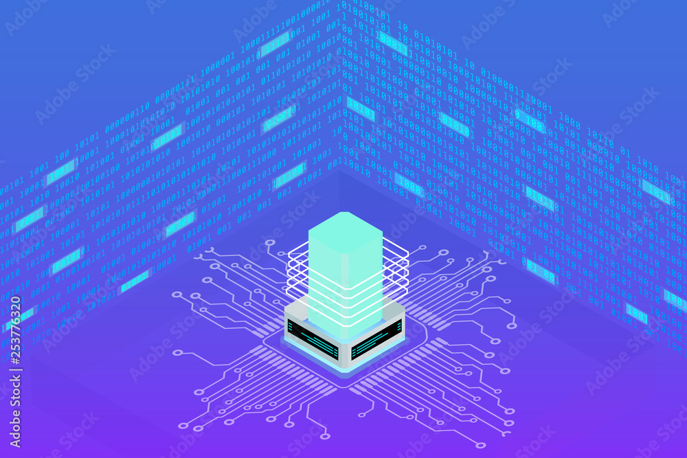 Leinwandbilder Futuristic Microprocessor Circuit Board Isometric Element Cyber Security Data Storage Vector Background. Big Decentralized Network Cyberspace 3d Scifi Technology Concept Design Illustration.