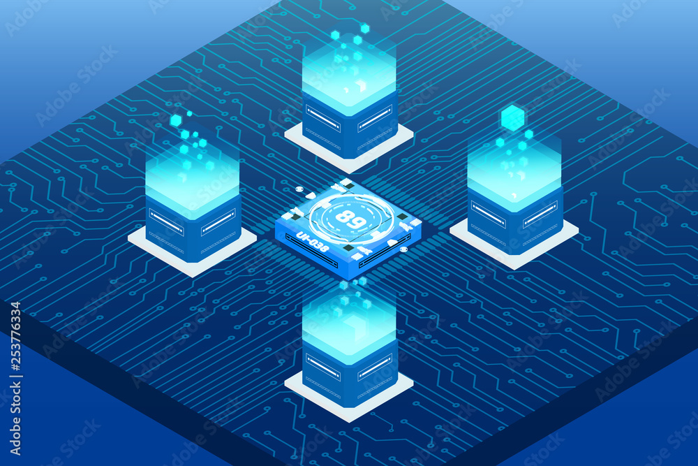 Leinwandbilder Futuristic Isometric Element Cyber Security Data Storage Vector Background. Big Decentralized Network Cyberspace 3d Scifi Technology Concept Design Illustration.