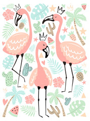 Fototapeta premium Vector illustration tropical flamingos in the leaves, palm, fruit. Summer hand-drawn poster for kids, holidays, clothes, decor.