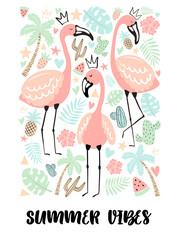 Vector illustration tropical flamingos with palm, leaves, strawberry, pineapple, watermelon, hearts, cacti. Summer hand-drawn exotic poster for kids, holidays, clothes, decor, textile, fabric, cards