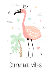 Vector tropical illustration of a flamingo in the crown with palm, hearts, stars, waves. Hand-drawn exotic poster for kids, holidays, clothes, decor, textile, fabric, card. Summer vibes