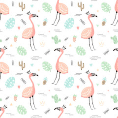 Obraz premium Seamless tropical pattern with pink cute flamingos and leaves, cacti, fruit.Vector summer hand-drawn illustration of a flamingo in the crown for kids, textiles, clothes, nursery, baby shower, birthday