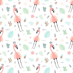 Fototapete Flamingo Seamless tropical pattern with pink flamingos, crown, leaves, cacti,monstera.Vector summer hand-drawn illustration of a flamingo for kids, textiles, background, clothes, nursery, baby shower, birthday