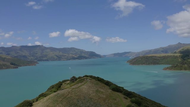 view from the onawe track in New Zealand, aerial view over an amazing ocean bay in akaroa New Zealand,