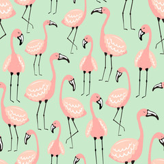 Seamless tropical pattern with pink flamingos on the green background. Vector summer hand-drawn illustration of a flamingo for kids, gifts, textiles, paper, clothes, nursery, baby shower, birthday
