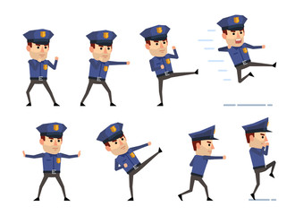 Set of policeman characters showing diverse fight actions. Funny police officer attacking, jumping, kicking and showing other actions. Flat design vector illustration