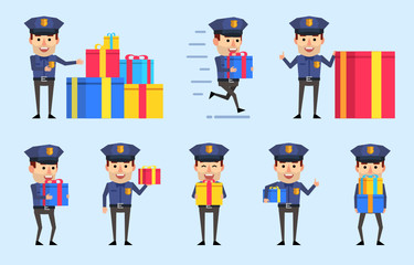 Set of policeman characters with gift box showing various actions. Funny policeman holding gift box, running and showing other actions. Flat design vector illustration