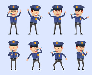 Set of policeman characters holding microphone and singing. Flat design vector illustration