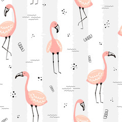 Seamless tropical striped pattern with flamingos, dots and waves. Vector summer illustration of a flamingo for kids, textiles, background, nursery, birthday, clothes, shower, gift