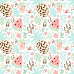 Rollo Seamless tropical pattern with pineapple, watermelon, strawberry, cacti, leaves, hearts, hibiscus. Vector summer illustration of a flamingo for kids, textiles, background, nursery, birthday, shower © Anton
