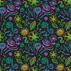 Hand drawn flower seamless pattern on dark background. Vector abstract surface design.