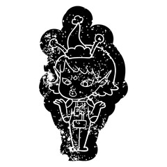 pretty cartoon distressed icon of a alien girl wearing santa hat