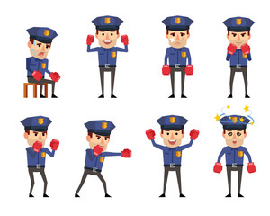 Set of policeman characters posing with boxing gloves. Funny policeman hitting, dazed, beaten, celebrating victory and showing other actions. Flat style vector illustration