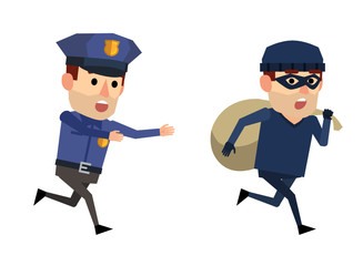 Funny policeman and thief. Robber with bag running away from police officer. Flat style vector illustration