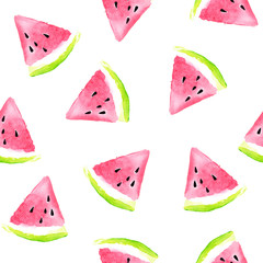 Nahtloses Wassermelonenmuster mit Aquarellwassermelonenscheiben, Sommerfrüchten und Beeren nahtlose Mustertapete, Druckdesign, handgezeichnete Aquarellillustration auf weißem Hintergrund