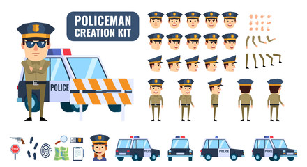 Policeman creation kit. Create your own pose, action, animation. Various emotions, gestures, design elements. Flat design vector illustration