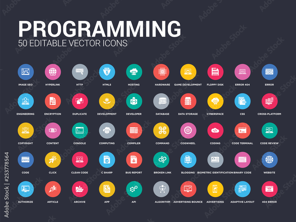 Wall mural 50 programming set icons such as 404 error, adaptive layout, advertising, advertising bounce, algori