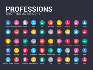50 professions set icons such as lawyer, librarian, lumberjack, mafia, maid, manager, marketing manager, mathematician, mechanic. simple modern isolated vector icons can be use for web mobile