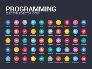 50 programming set icons such as 404 error, adaptive layout, advertising, advertising bounce, algorithm, api, app, archive, article. simple modern isolated vector icons can be use for web mobile