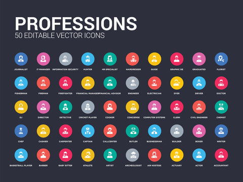 50 professions set icons such as accountant, actor, actuary, air hostess, archeologist, artist, athlete, baby sitter, barber. simple modern isolated vector icons can be use for web mobile