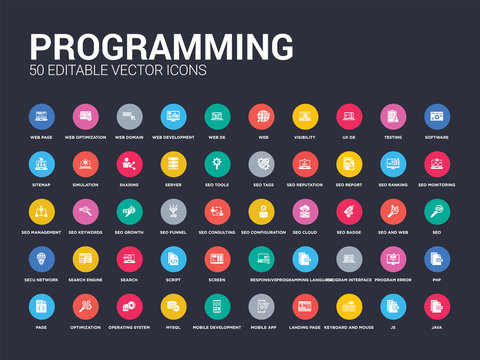 50 programming set icons such as java, js, keyboard and mouse, landing page, mobile app, mobile development, mysql, operating system, optimization. simple modern isolated vector icons can be use for