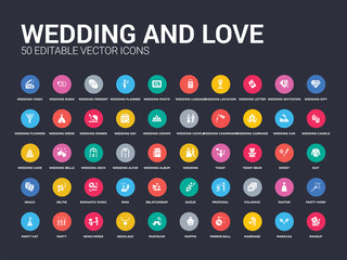 50 wedding and love set icons such as makeup, maracas, marriage, mirror ball, muffin, mustache, necklace, newlyweds, party. simple modern isolated vector icons can be use for web mobile