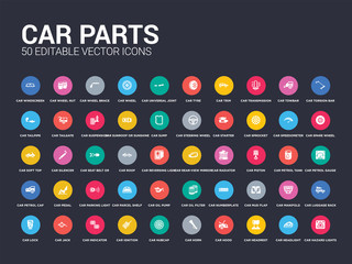 50 car parts set icons such as car hazard lights, car headlight, headrest, hood, horn, hubcap, ignition, indicator, jack. simple modern isolated vector icons can be use for web mobile