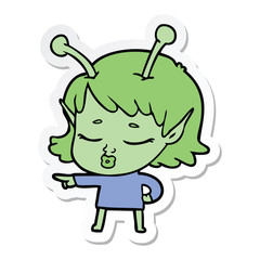 sticker of a cute alien girl cartoon pointing