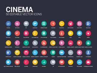 50 cinema set icons such as 3 dimension screen, 3d glasses, 3d movie, 3d television, 4k, actress, animation, author, box office. simple modern isolated vector icons can be use for web mobile