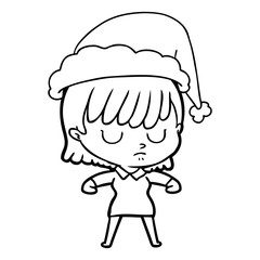 line drawing of a woman wearing santa hat
