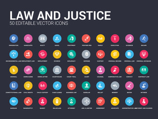 50 law and justice set icons such as accident and injuries, adminstrative law, advocate, agreement, ask a lawyer, attorney, balaclava, bandit, bankruptcy. simple modern isolated vector icons can be