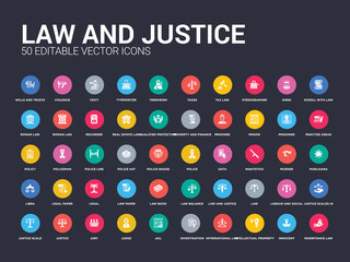 50 law and justice set icons such as inheritance law, innocent, intellectual property, international law, investigation, jail, judge, jury, justice. simple modern isolated vector icons can be use