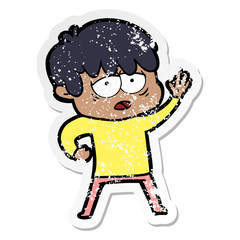distressed sticker of a cartoon exhausted boy